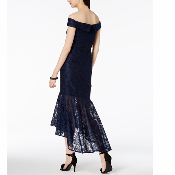 XSCAPE Dress Size 4 Black Allover Lace Off The Shoulder Midi Hi-Low - Picture 2 of 7